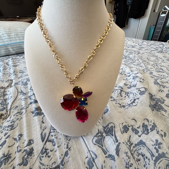 Gold and Red Gemstone Necklace with Floral Pendant - Picture 1 of 4